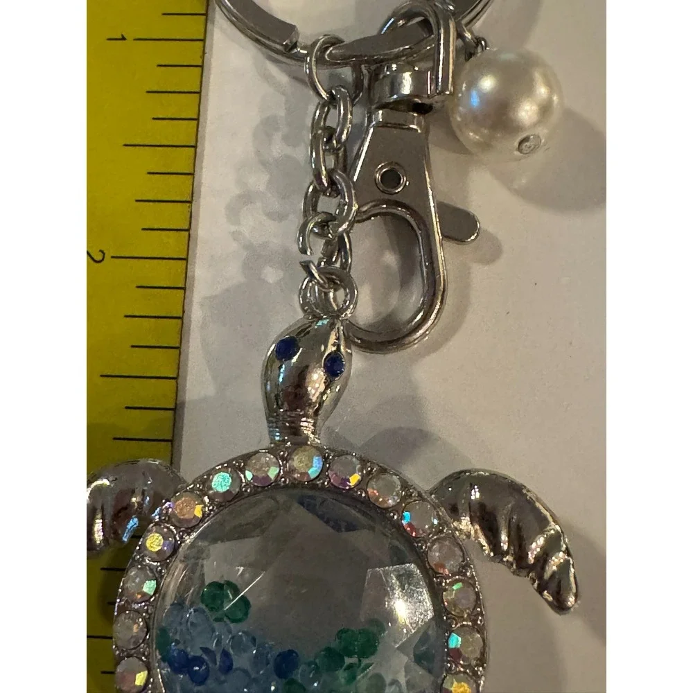 Silver Sea Turtle Shaker Keychain Blue Green Crystals AB Rhinestones Pearl Charm